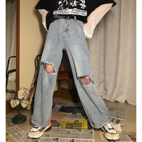 2021 ripped jeans summer new womens thin section straight loose high-waisted pants were thin and versatile trousers