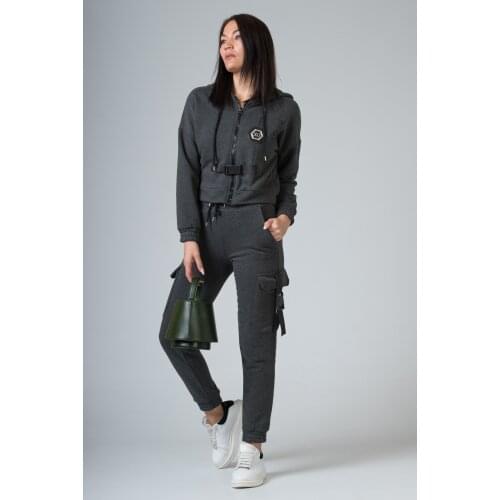 Sogo Women Front Zipper Clip Belt Detail Anthracite Tracksuit Set