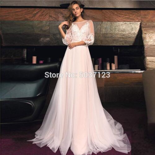 A Line Tulle Wedding Dresses Long Sleeve O Neck Lace Appliques Court Train Button Illusion Vestido De Noiva Bridal Wedding Gown