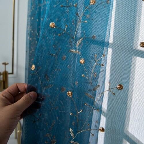 Blue Embroidered Sheer Curtains for Living Room Decoration Window Voiles Tulle Curtains for Bedroom ,Kitchen Curtains Decor