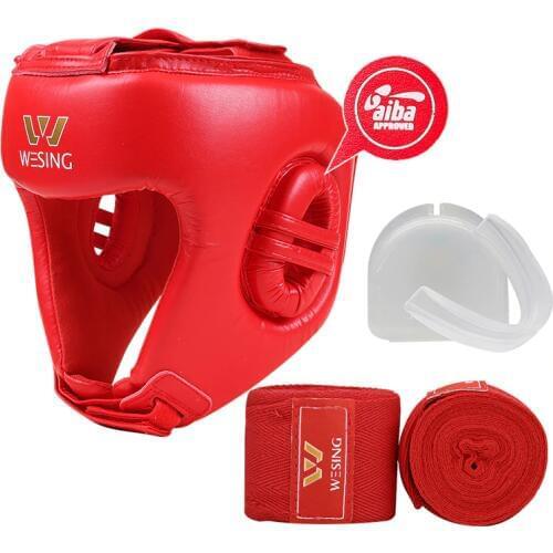 Wesing AIBA Head Guard with Tooth Guard Handwraps Professional Boxing Athletes Training Competition Mouth Guard Bandages