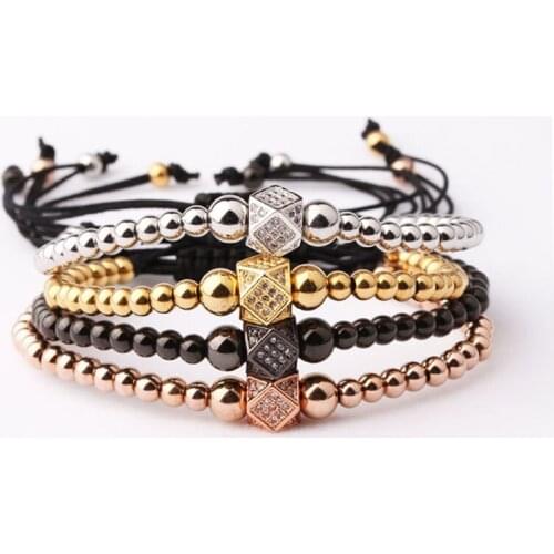 Jewelry Factory Selling 4mm Stainless Steel Beads Cubic Zirconia Charm macrame bracelet women men