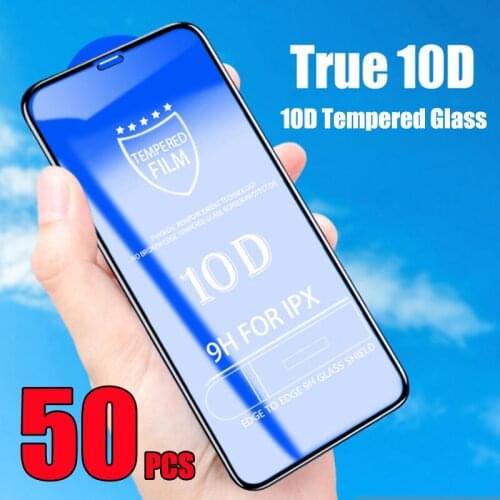 50pcs 10D Tempered Glass Full Glue Coverage Curved Screen Protector Film For iPhone 12 Mini 11 Pro Max XS XR X 8 7 6 Plus SE