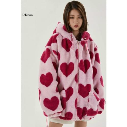 Harajuku Heart Full Print Plush Jacket Womens Winter Korean Large Size Long Sleeve Hooded Cotton Coat 5A956