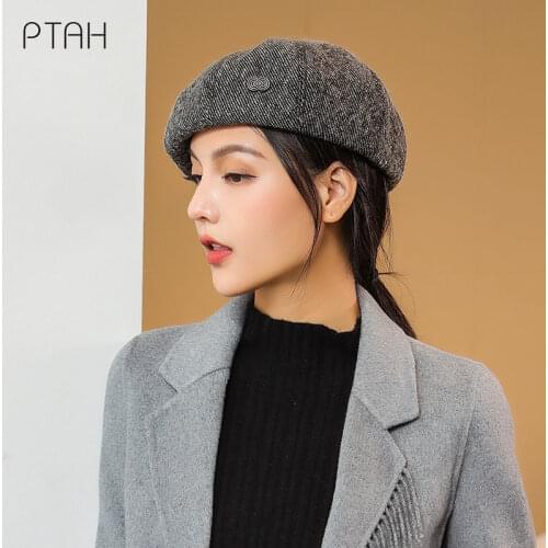 [PTAH] Women Girl Beret French Artist Warm Wool Winter Beanie Hat Vintage Plain Beret Hats Solid Color Elegant Lady Winter Caps