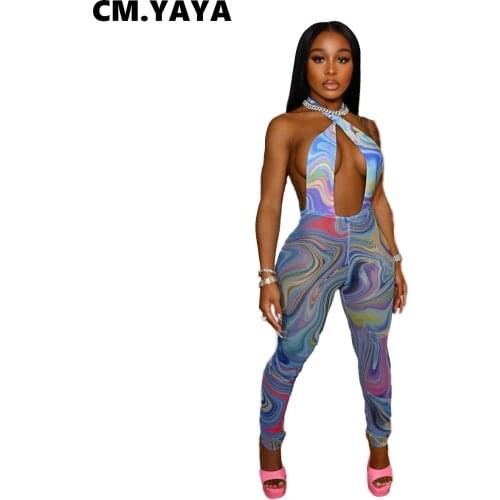 CM.YAYA Women Jumpsuit Print Sleeveless Haltere Hollow Out Stretchy Bodycon Pencil Jumpsuits Sexy Fashion Outfit Summer 2021