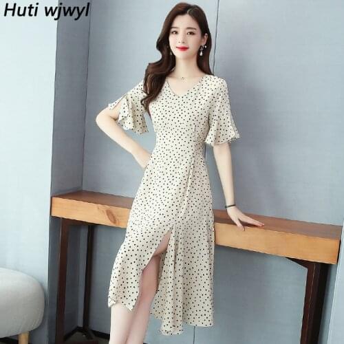 2021 Vintage Chiffon Midi Sundress Spring Summer New Dot Print Runway Sexy Split Dress Elegant Women Bodycon Party Maxi Vestidos
