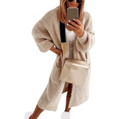 Women Sweater Cardigan Long Soft Lantern Sleeve Leisure Long Loose Knitting Sweater Coat Women Pockets Long Winter Sweater 2021