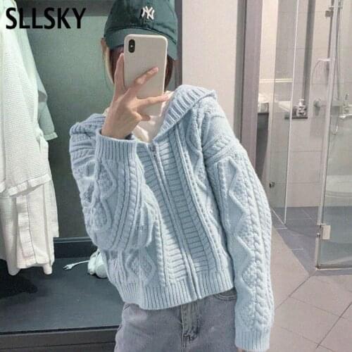 SLLSKY Autumn Winter Knitted Hooded Sweater Women Cardigans Solid Color Full Sleeve Zipper Female Twist Sweater Outerwear Tops