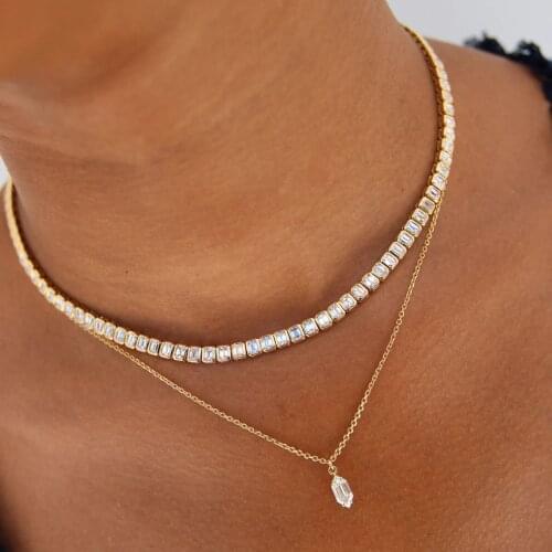 Geometric Bezel Square Cubic Zirconia Tennis Chain Choker Necklace 16" For Women Iced Out Jewelry