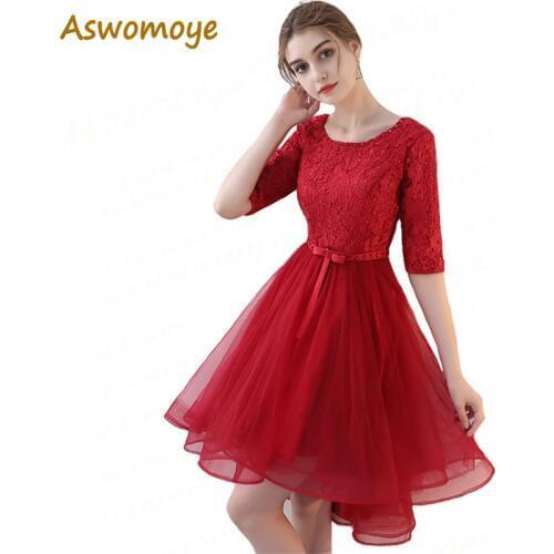 Aswomoye Elegant Short Women Red Evening Dress 2018 Stylish Beading Sashes Party Dress Back Lace Up O-Neck robe de soiree