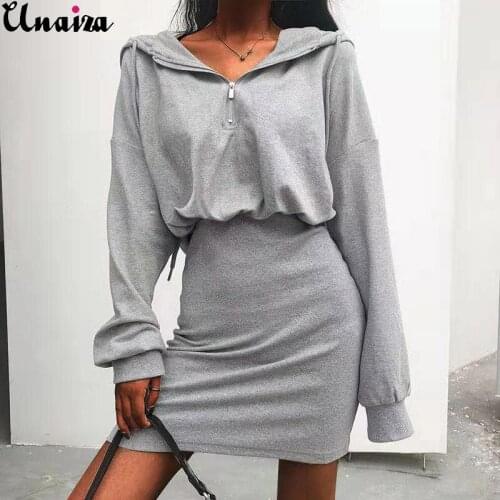 UNAIZA Female Dress Fashion Zipper Bag Hip Casual Hooded Sweater Dress 2021 Round Neck Pullover Long Sleeve Lantern Sleeve Dress