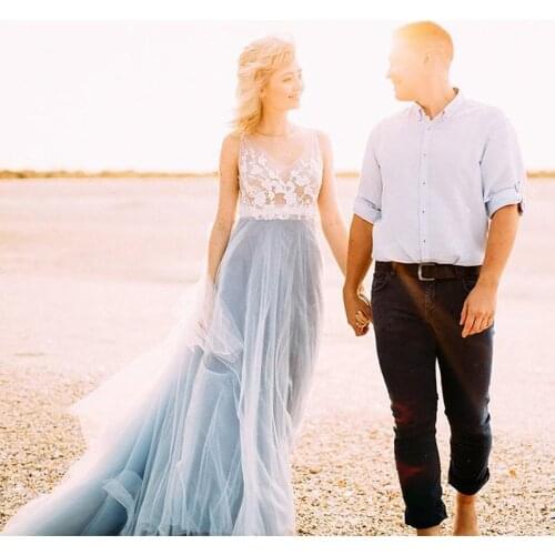 Elegant V Neck Lace Appliques Wedding Dresses Sexy Deep V-Neck A Line Contrast Color White Blue Bridal Gowns Vestidos De Novia