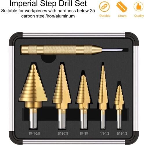 6PCS Imperial Step Drill Bit Set with Automatic Center Punch HSS Straight Groove Metal Wood Driller