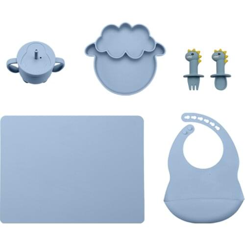 Baby Feeding Tableware 6PCS Food Grade Silicone Plate Bib Placemat Dinosaur Spoon Feeding Cup Set BPA Free Newborn Supplies