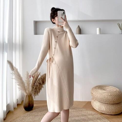 A261# Autumn Winter Thick Warm Knitted Maternity Long Sweaters A Line Slim Dress Clothes for Pregnant Women Fashion Pregnancy