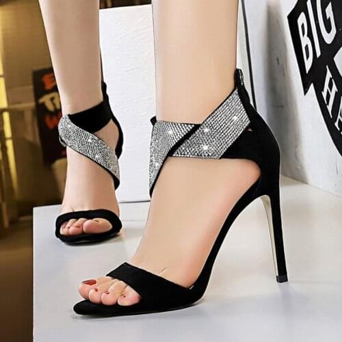 New Fashion Womens Sandals Open Toe Solid Flock Back Zipper Pumps High Heels Cross Crystal Belt Sexy Party Shoes Women Platform