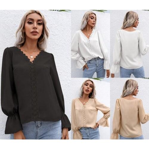 2021 Long Sleeve Blouse Shirt Spring Autumn V-Neck Lace Patchwork Black Casual Slim Fashion Chic Blouse Tops Female Pullover Top