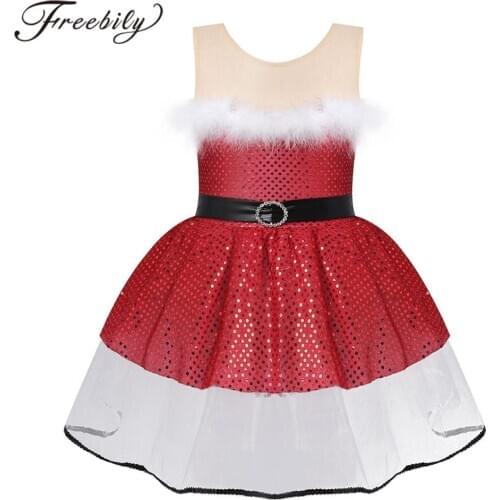 Kids Girls Ballerina Dancewear Shiny Sequins Ballet Dance Gymnastics Leotard Mesh Tutu Dress Children Christmas Party Costume