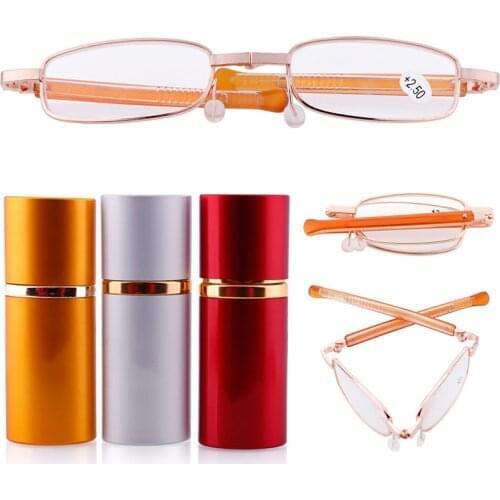 Portable Pocket Folding Unisex Women Men Gold Frame Reading Glasses with Clip Aluminum Case for Reading Case +1.0~+4.0 Strength