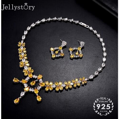 Jellystory Luxury 925 sterling silver jewelry set necklace earrings with water drop shape citrine for women wedding engagement