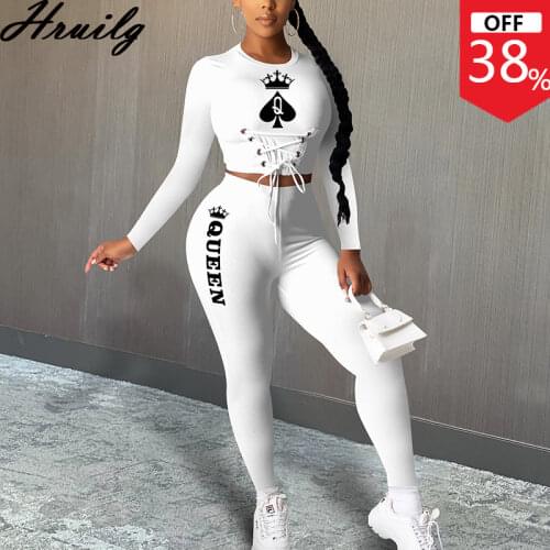 Women Clothing Sets Summer Solid O Neck Short Ladies Tops&woman Pants Two Peice Set for Women Playing Card K Of Spades Print