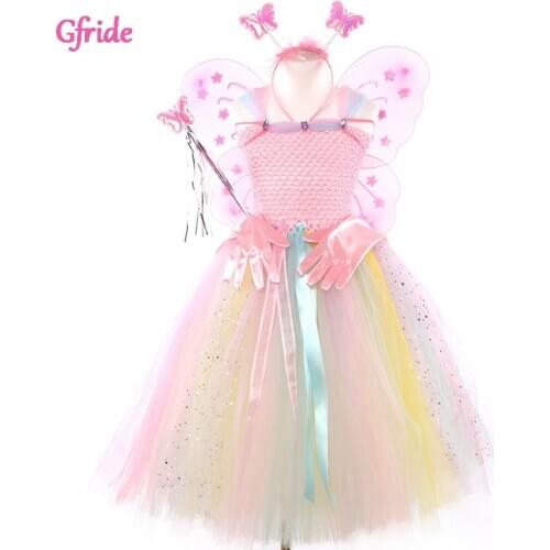 Baby Girl Butterfly Fairy Costume With Headband Wings Wand Gloves For Kids Halloween Fancy Long Dress Up Party Dress 2-10 Years