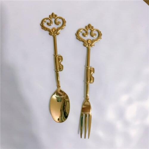 Simple Retro Afternoon Tea Spoon for Stirring Dessert Fork Diamond Crown Gold Plated Stainless Steel Coffee Spoon and Fork Set
