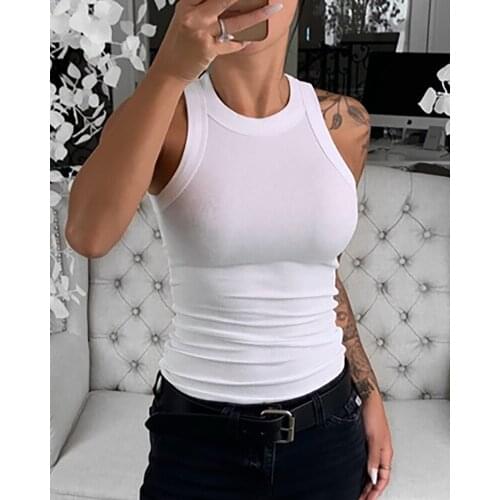 Women Solid Round Neck Ribbed Tank Top Camisole Women Summer Basic Elastic Tank Top O Neck Solid Tank Top Plus Size
