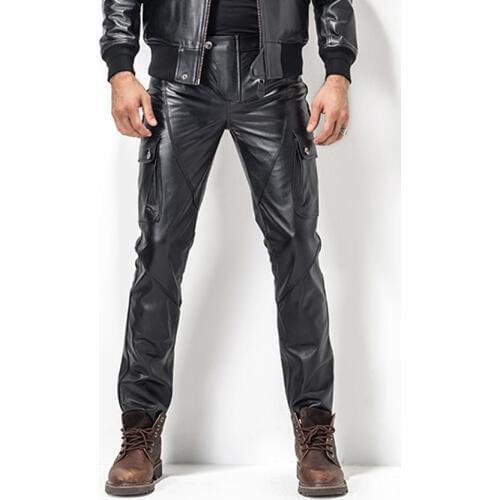 Mens Leather Pant Biker Pants Motorcycle Punk Rock Pants mans classic pocket leather pants leather trousers leatherpants TJ06