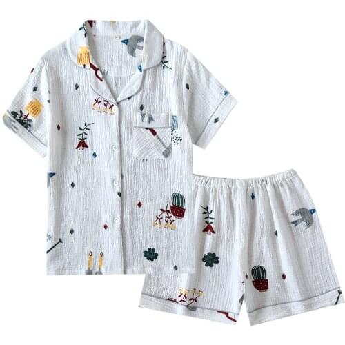 2021 New Womens Short-sleeved Shorts Pajamas Suit Washed Crepe Japanese Cardigan Style Home Service Pantalones Cortos De Mujer