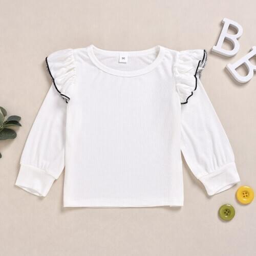 2020 Spring New Childrens Girls Baby Solid Color Cotton Tops Round Collar Long Flying Sleeve Bottoming T-shirt
