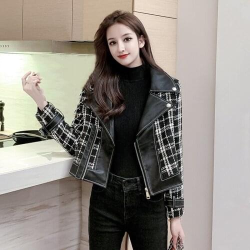 New Arrivals Small fragrant wind Jackets Womens Spring Autumn Short Locomotive Coats Ladies Coarse Material splicing PU Jackets