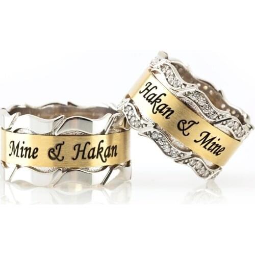 Tesbihane Personalized Name Written Wavy Design Gold-Gray Color 925 Sterling Silver Couple Wedding Rings