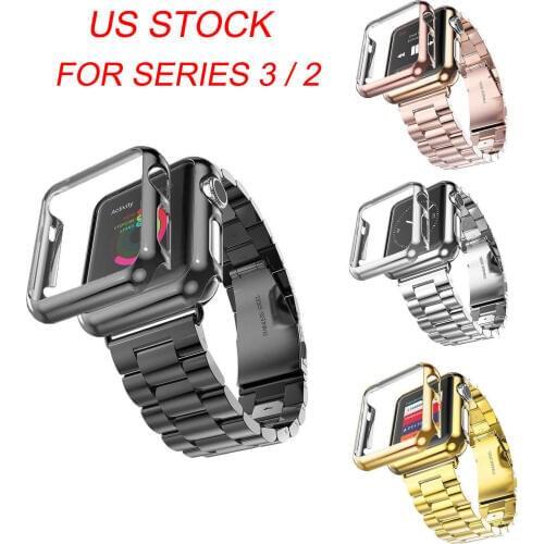 Gold Plated Cover Protective Case Bumper Stainless Steel Metal Strap for Apple Watch Series 3 2 Band for iWatch Bracelet 42/38mm