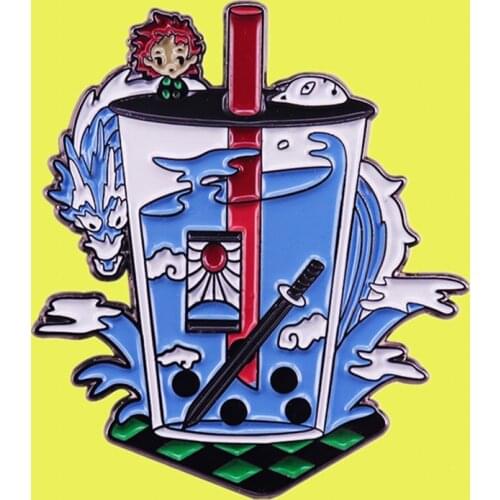 Demon Slayer hanafuda earring Boba tea Enamel Pin Japanese manga Adventure dark fantasy brooch