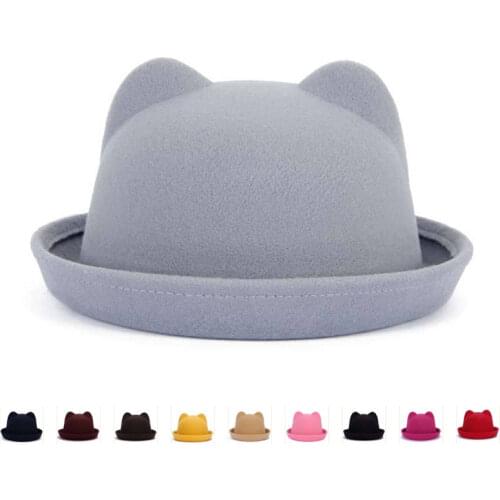 Fashion Parent-child bowler hat wool felt Fedora hats for Women Girls Children solid Cat Ear formal cap trilby Sombrero Derby