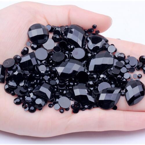 Mix Sizes Black Color Round Strass Acrylic Loose Non-Hotfix Flatback Rhinestone Nail Art Crystal Stones For Wedding Decorations