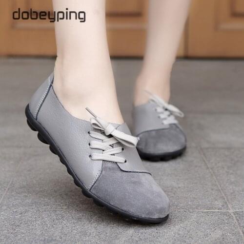 Dobeyping New Genuine Leather Women Flats Spring Autumn Woman Shoes Lace Up Womens Loafers Solid Female Casual Shoe Size 35-44