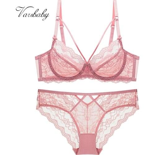 Varsbaby Sexy Plus Size Floral Lace Unlined Underwear Deep V Hollow 3/4 Cup Underwire ABCDE Cup Bra Set