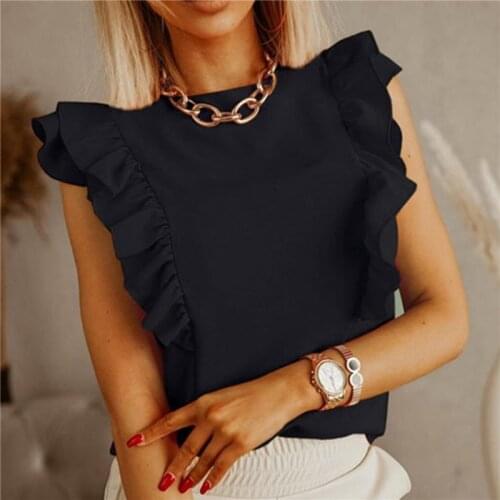 Ruffles Short Sleeve Backless Lace Up Women Blouse Solid O-neck Pleated Elegant Loose Ladies Blouses 2021 New Summer Casual Tops