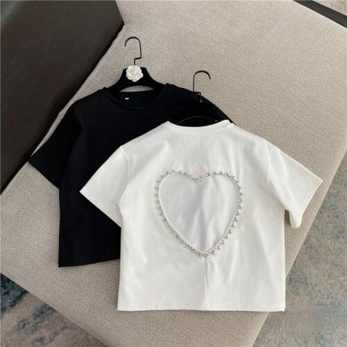 2021 Spring Summer New Backless Rhinestone Side Love Solid Color Cropped T-shirt Women All-Match Basic Tops White Black