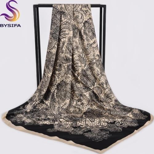[BYSIFA] Women Black Beige Large Square Scarves Wraps Winter Fashion Dull Satin Silk Scarf Shawl Elegant Ladies Neck Scarf Hijab