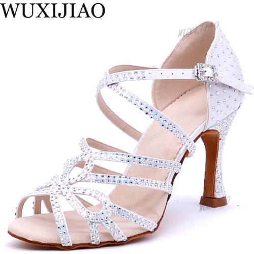 WUXIJIAO New Glitter Rhinestone Latin Dance Shoes Women Satin Salsa Dancing Shoes For Woman Tango Ballroom Shoes For Dacne
