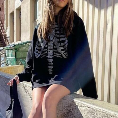 Women Gothic Black Long Sleeve Hoodies Rhinestone Skeleton Breastbone Pattern Drawstring Sweatshirt Harajuku Loose Tops