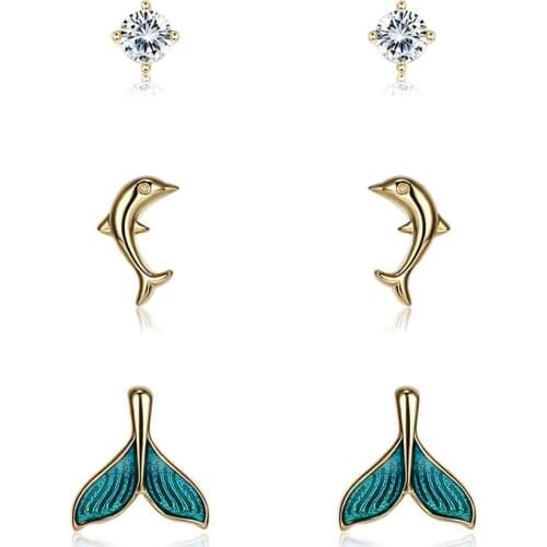 SILVERHOO Genuine 925 Sterling Silver For Women Jewelry Fish Tail & Dolphin Stud Earrings Clear Zircon Setting Samll Earrings