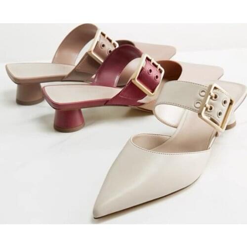 Womens Shoes Autumn New Pointed Toe with Round Thick Heel Slippers with Open Heel Mules