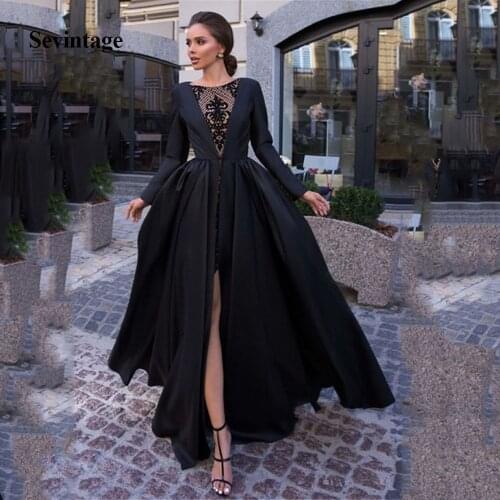 Sevintage Black A Line Simple Women Prom Dresses Lace Satin Formal Evening Party Gowns Front Split Long Sleeve vestido de noche