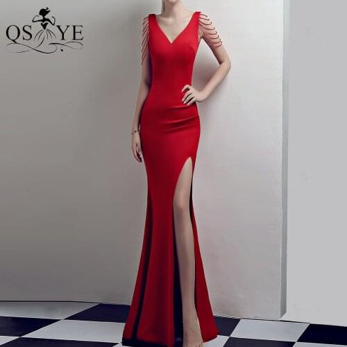 Red Long Prom Dress Stretch Beading Straps Evening Dress V Neck Formal Party Gown Split Dress Beading Fit Women Prom Red Gown