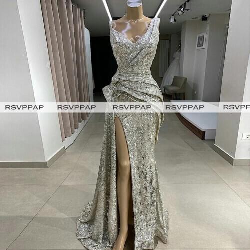 Sexy High Slit Silver Mermaid Long Evening Dresses 2020 Sparkly Sequined Dubai Arabic Style Women Formal Gowns robe de soiree
